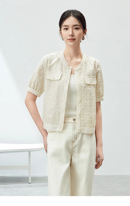 Elegant Tweed Cropped Coat with Round Neck & Short Sleeves