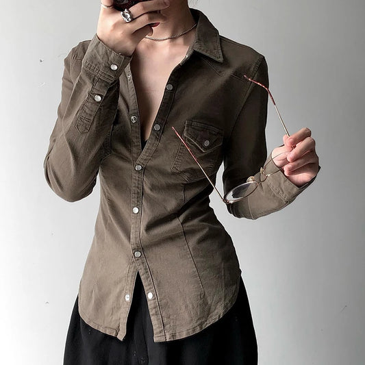 Cargo Style Denim Button-Up Shirt with Pockets