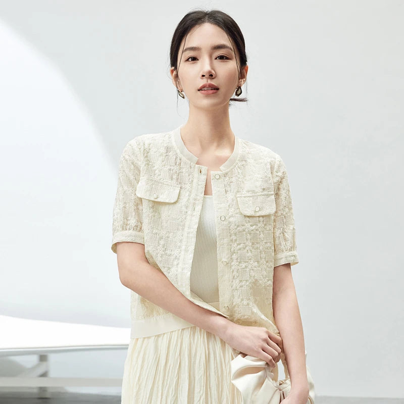 Elegant Tweed Cropped Coat with Round Neck & Short Sleeves