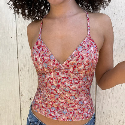 V-Neck Floral Halter Top & Casual Slim Fit Design