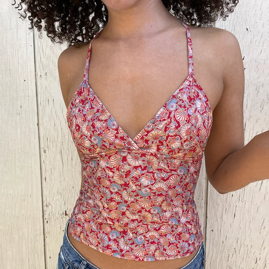 V-Neck Floral Halter Top & Casual Slim Fit Design