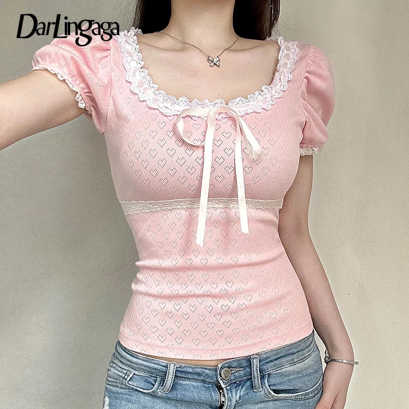 Cute Bow Lace Cropped T-shirt with Heart Pattern