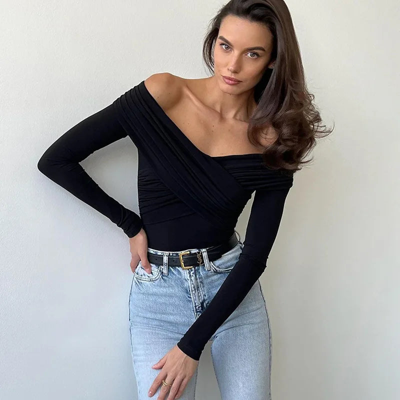 Off Shoulder Long Sleeve V Neck Bodysuit Top