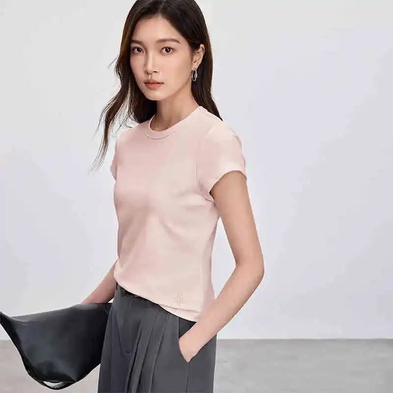 Solid Knitted Crewneck Short Sleeve Embroidery Top