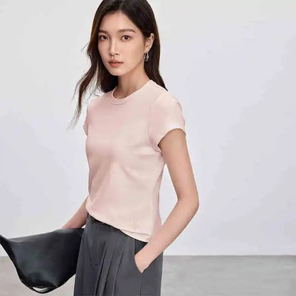 Solid Knitted Crewneck Short Sleeve Embroidery Top