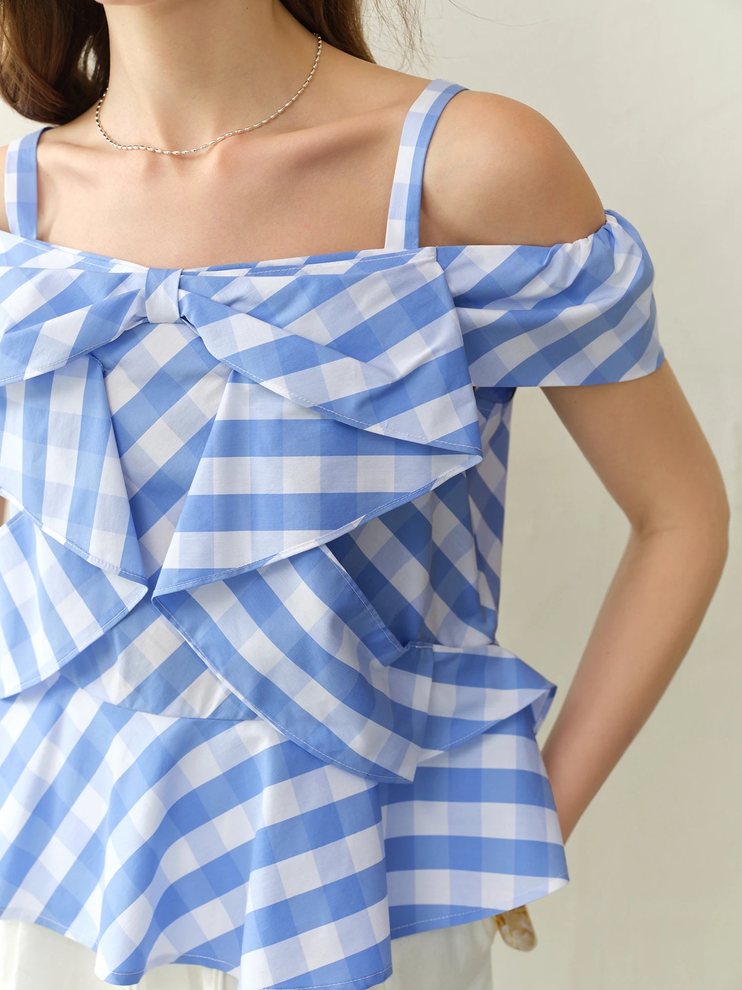 Asymmetric Checkered Blouse & Slim-Fit Design