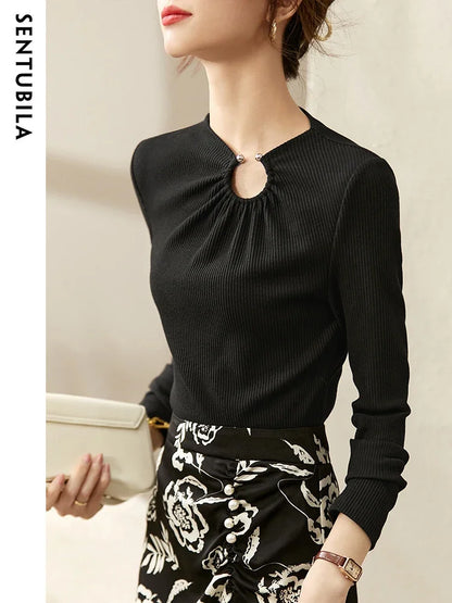 Cut Out Gathered Round Neck Long Sleeve T-shirt