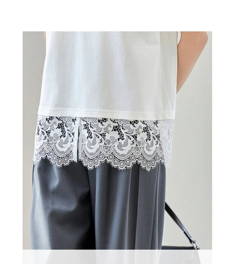 Lace Slit Loose Fit O Neck T-shirt & Tee