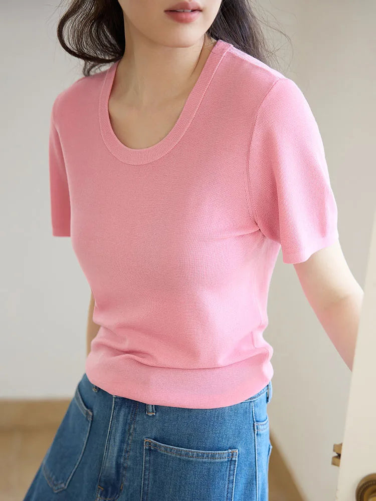 Casual Round Neck Knit T-shirt & Solid Tees