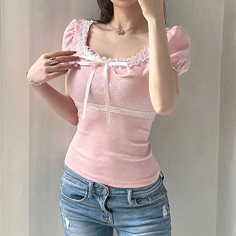 Cute Bow Lace Cropped T-shirt with Heart Pattern