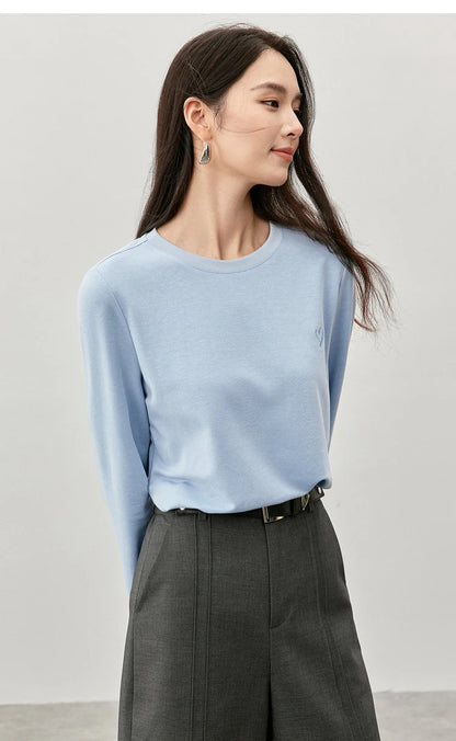 Solid Embroidery Crew Neck Long Sleeve T-shirt