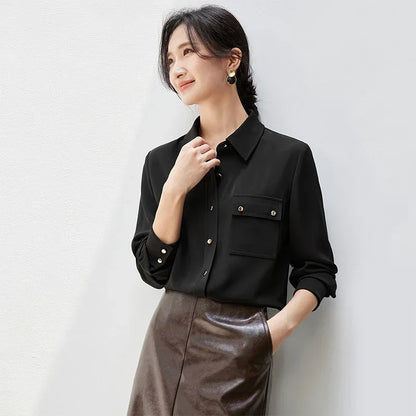 Solid Long Sleeve Turn Down Collar Shirt & Pocket