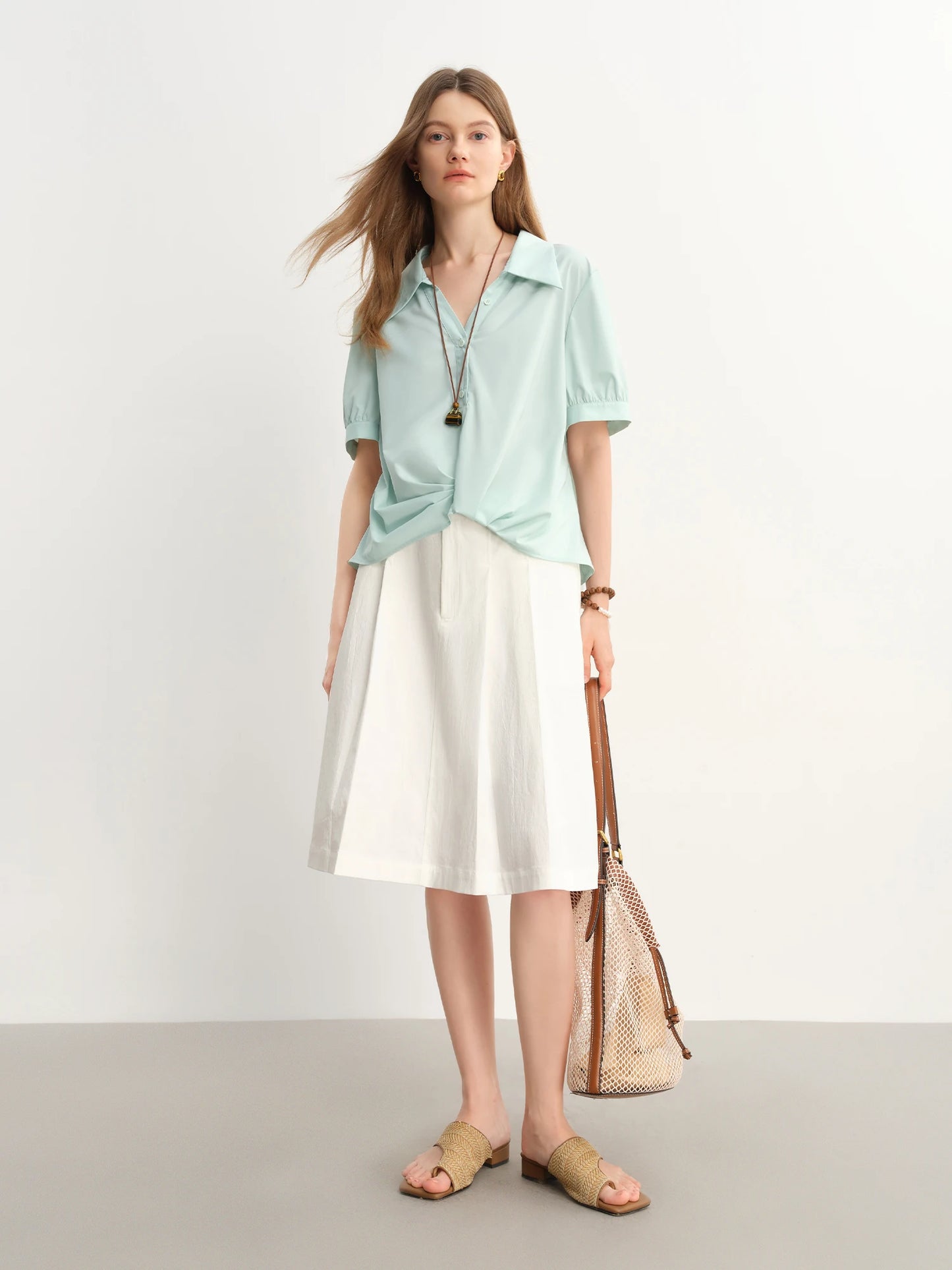 Asymmetrical Hem Pleated Short-Sleeved Shirt