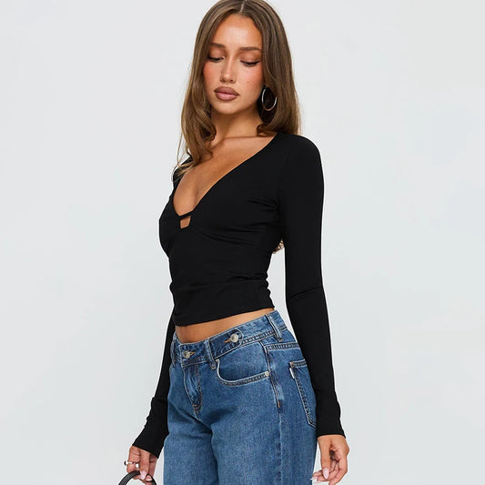 V-Neck Hollow Out Long-Sleeved Casual Top