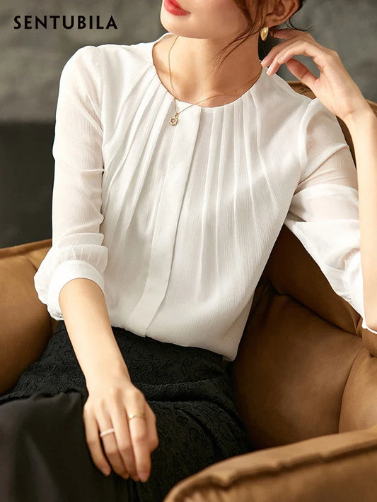 Elegant White Chiffon Pleated Button Down Top