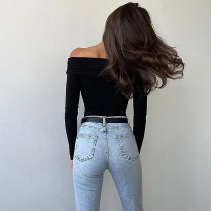 Off Shoulder Long Sleeve V Neck Bodysuit Top