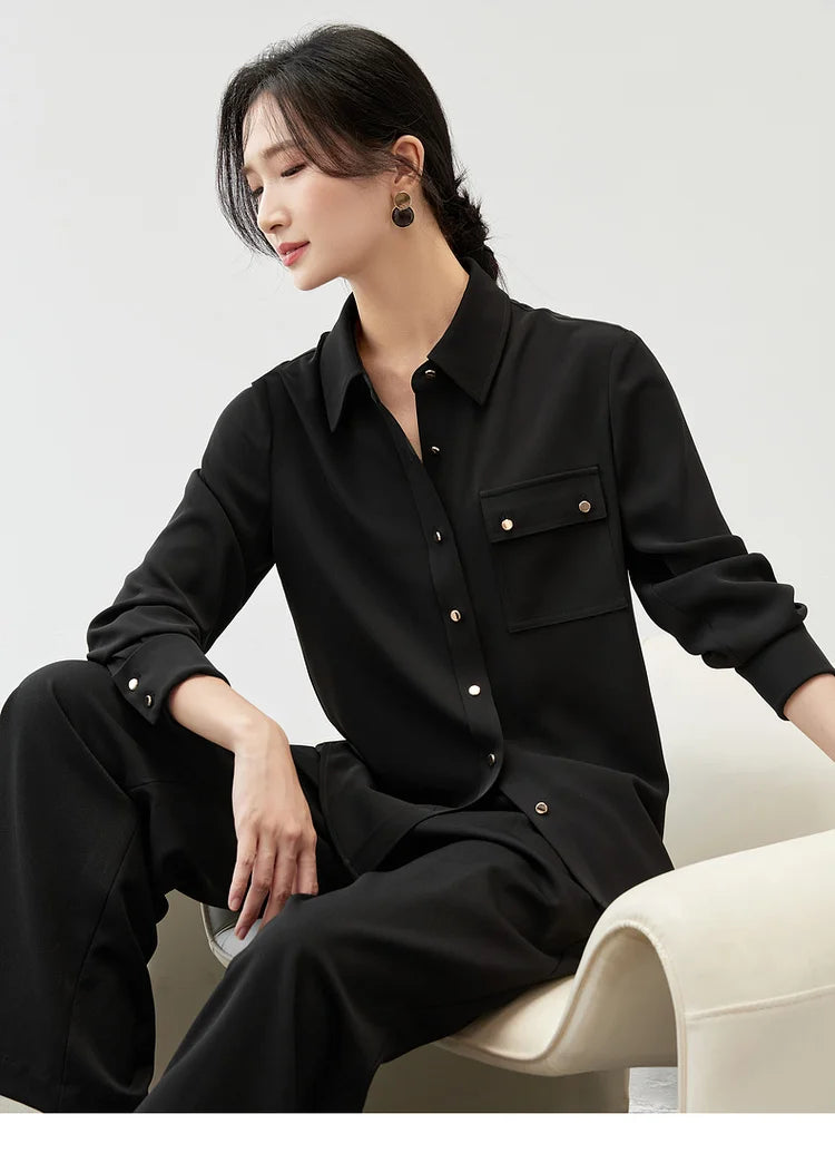 Solid Long Sleeve Turn Down Collar Shirt & Pocket