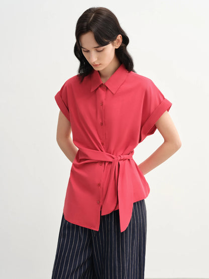 Buckle Short Sleeve Blouse & Fitted Waist Shirt