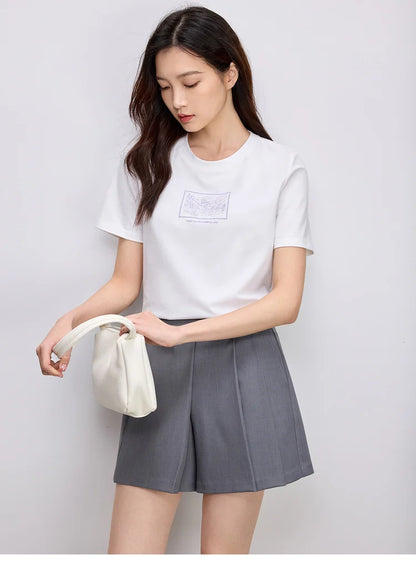 Cotton Embroidery Crewneck T-shirt & Casual Top