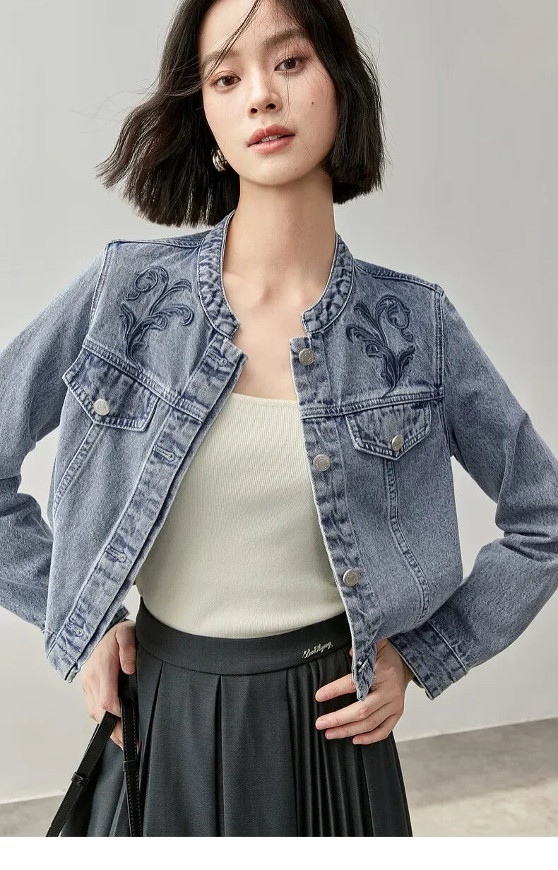 Embroidered Denim Coat & Half Open Collar