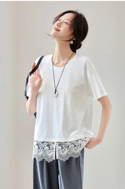 Lace Slit Loose Fit O Neck T-shirt & Tee