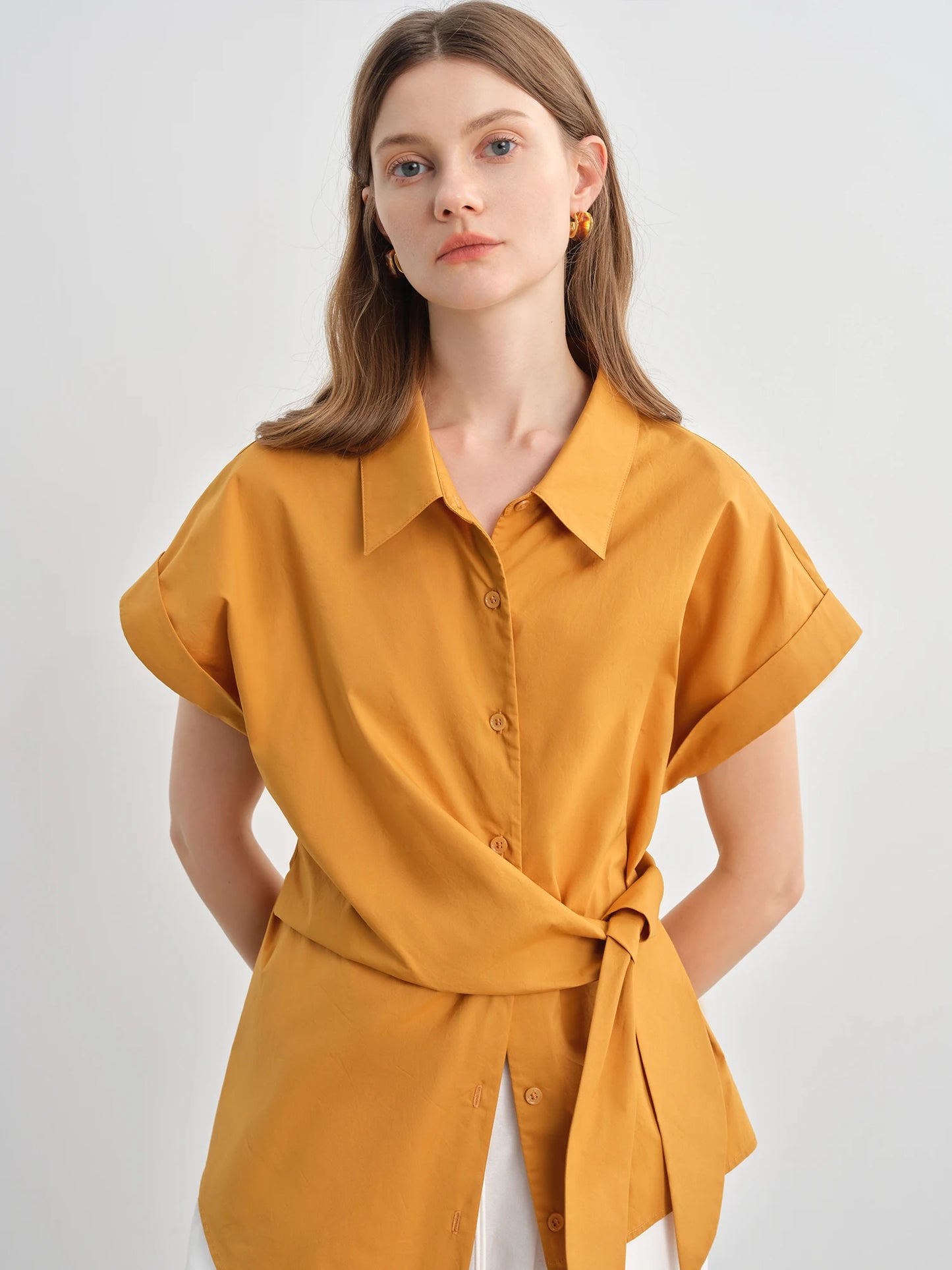 Buckle Short Sleeve Blouse & Fitted Waist Shirt