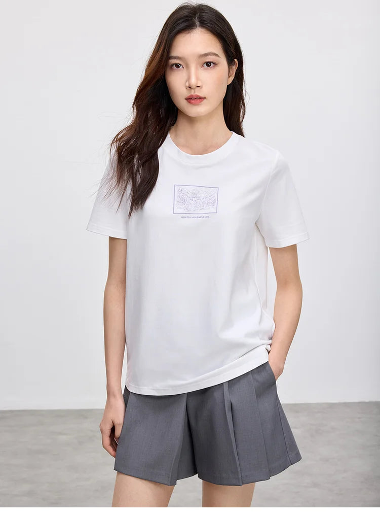 Cotton Embroidery Crewneck T-shirt & Casual Top