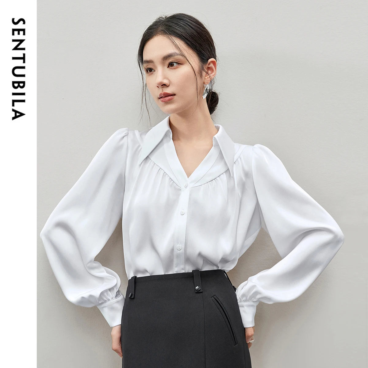 Elegant Loose Lapel Satin Long Sleeve Blouse