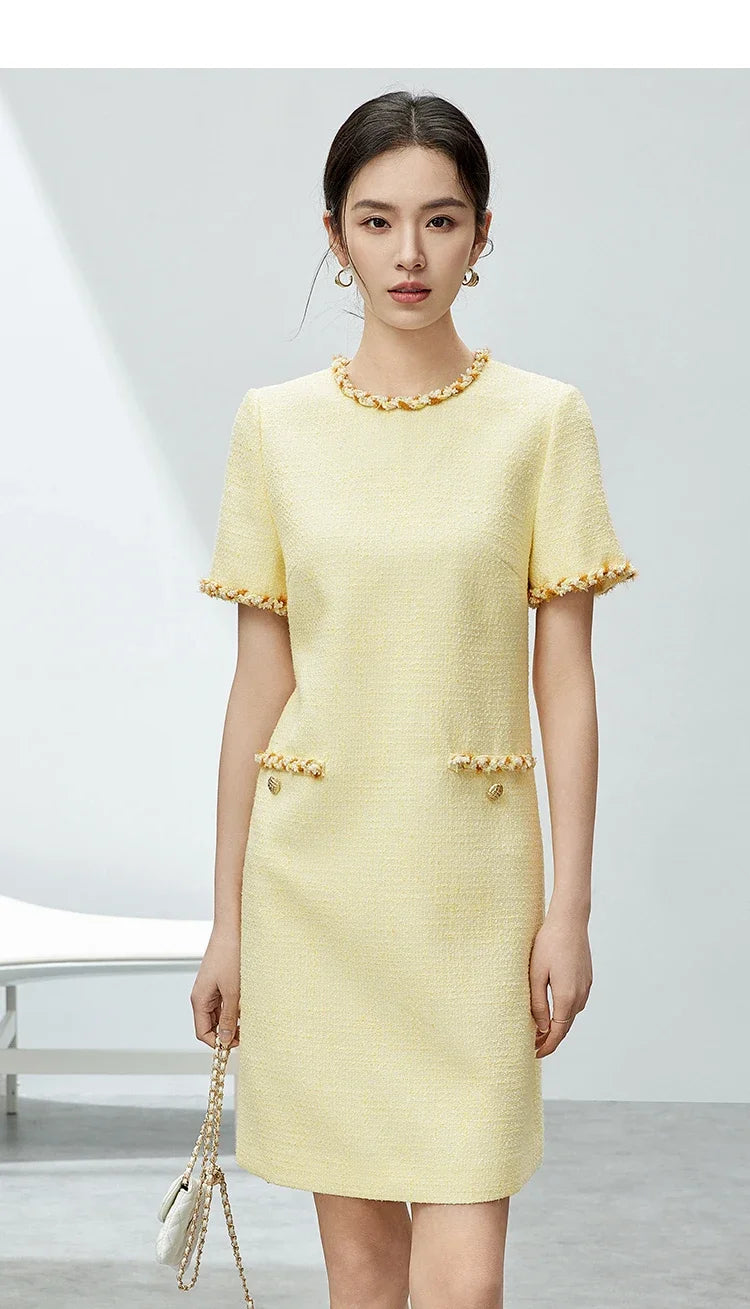 Tweed Short Sleeve Dress with Contrast Neckline