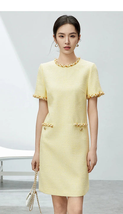 Tweed Short Sleeve Dress with Contrast Neckline