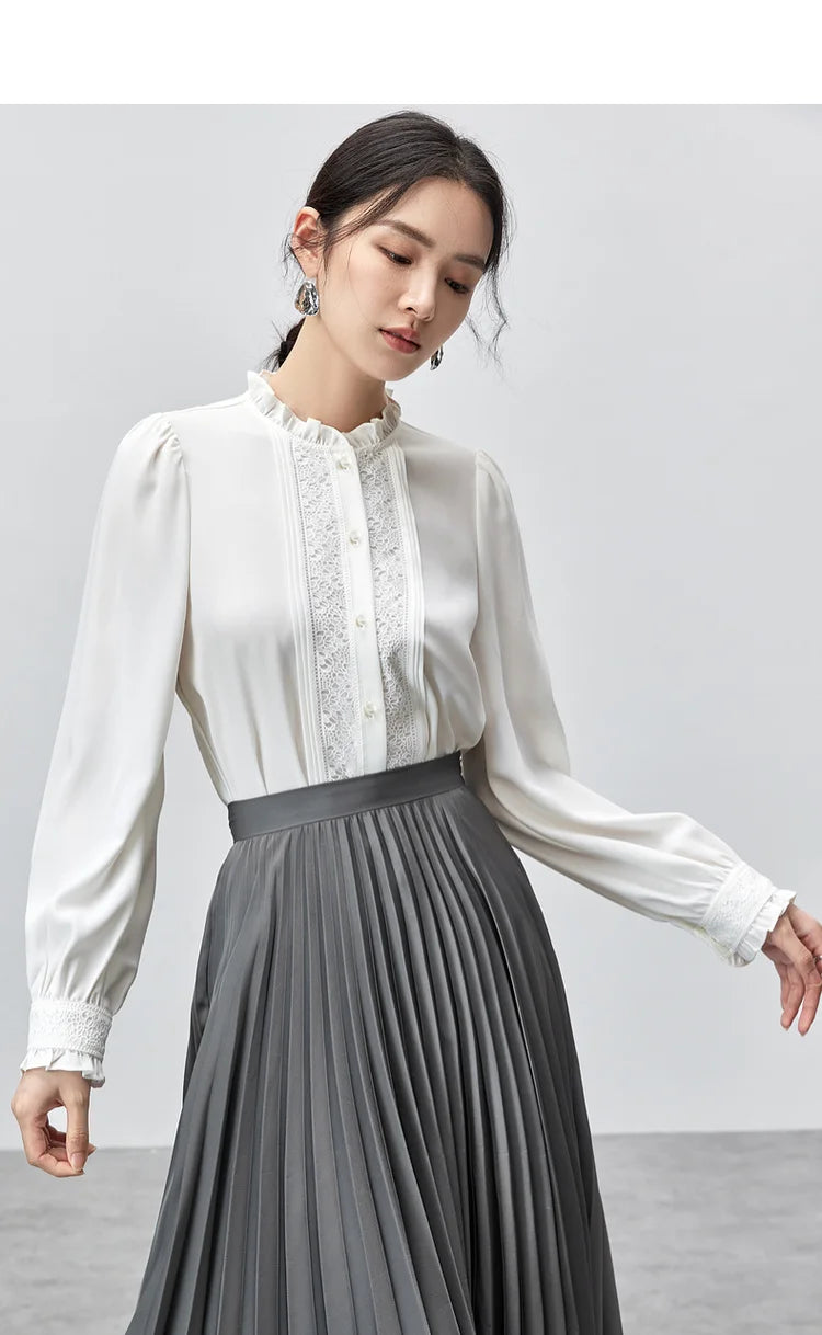 Lace Button Up Long Sleeve White Blouse