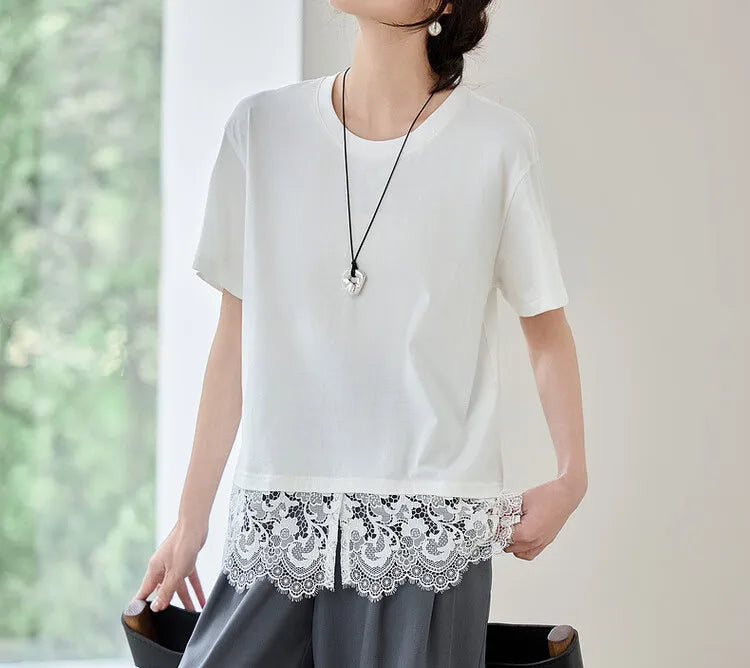 Lace Slit Loose Fit O Neck T-shirt & Tee
