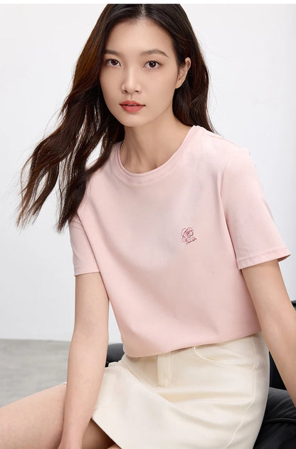 Embroidered Cotton Round Neck T-shirt & Casual Top