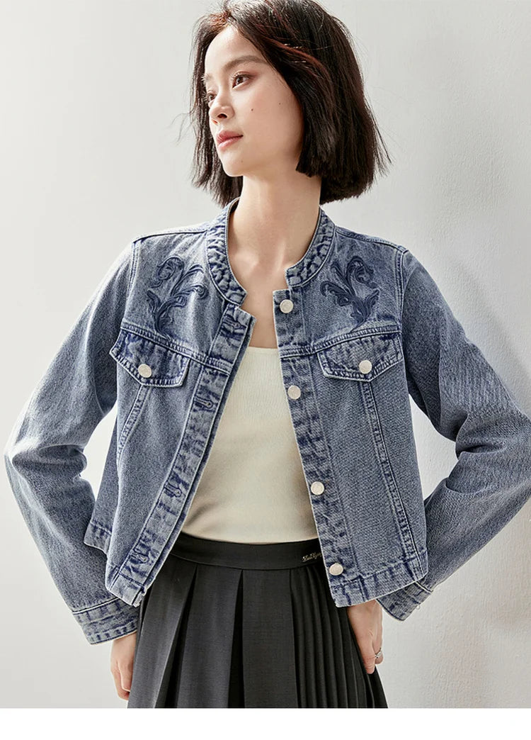 Embroidered Denim Coat & Half Open Collar