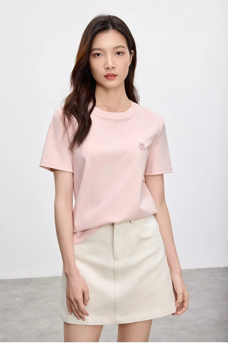 Embroidered Cotton Round Neck T-shirt & Casual Top