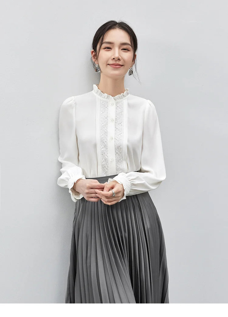 Lace Button Up Long Sleeve White Blouse