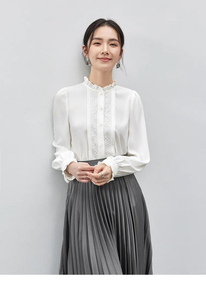 Lace Button Up Long Sleeve White Blouse