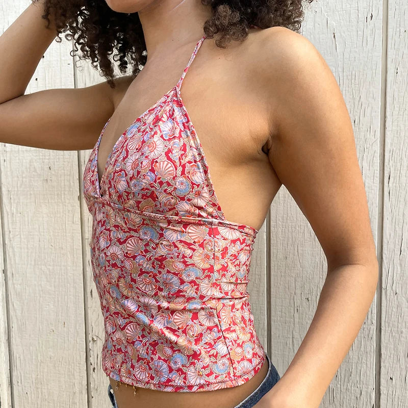 V-Neck Floral Halter Top & Casual Slim Fit Design