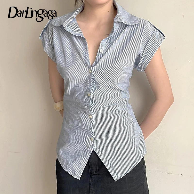 Chic Curved Hem Striped Button-Up Blouse