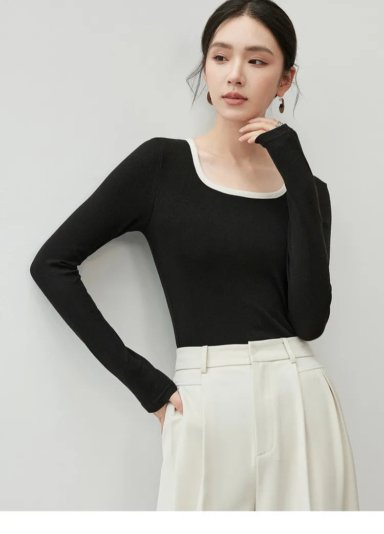 Patchwork Square Neck Long Sleeve Knit Top