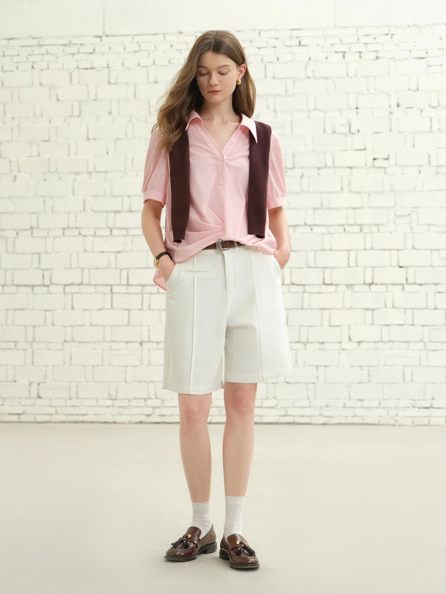 Asymmetrical Hem Pleated Short-Sleeved Shirt