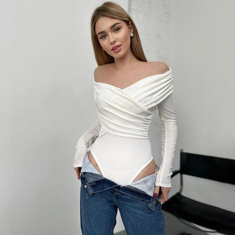 Off Shoulder Long Sleeve V Neck Bodysuit Top