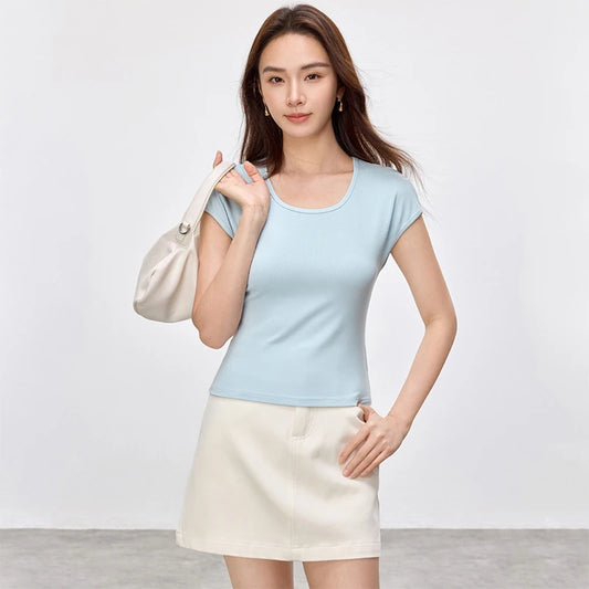 Slim Fit U Collar Short Sleeve Knit Top
