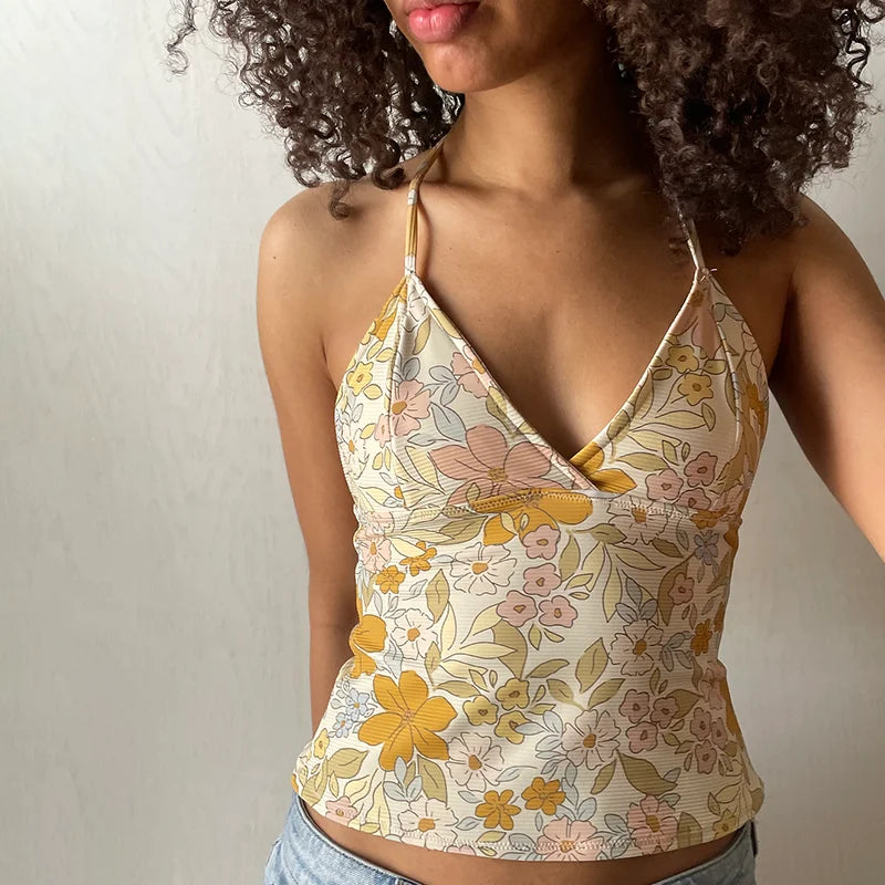 V-Neck Floral Halter Top & Casual Slim Fit Design