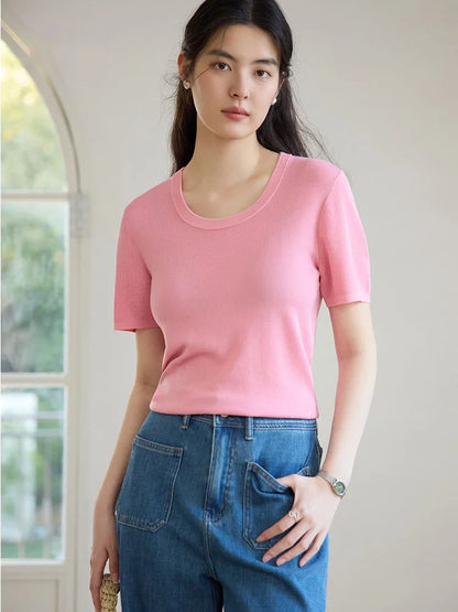 Casual Round Neck Knit T-shirt & Solid Tees