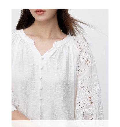 Hollow V Neck Chiffon Blouse & Embroidery Detail
