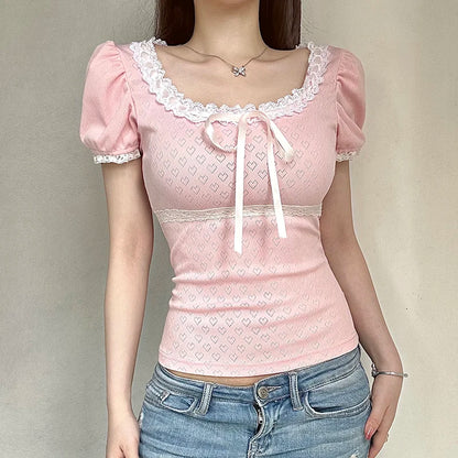 Cute Bow Lace Cropped T-shirt with Heart Pattern