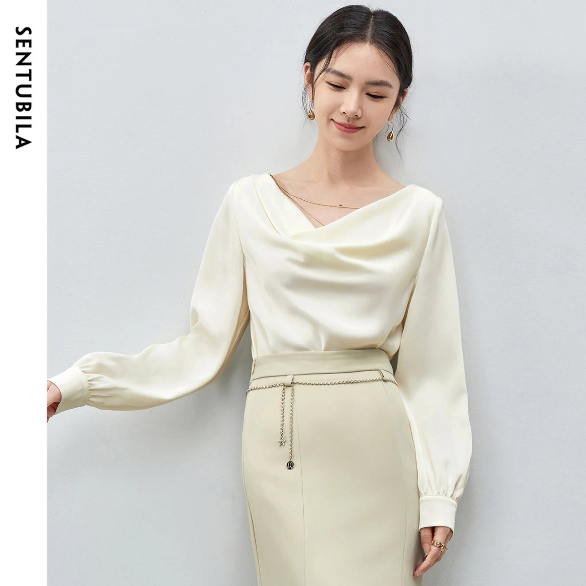 Elegant Swing Collar Satin Blouse with Chain Detail