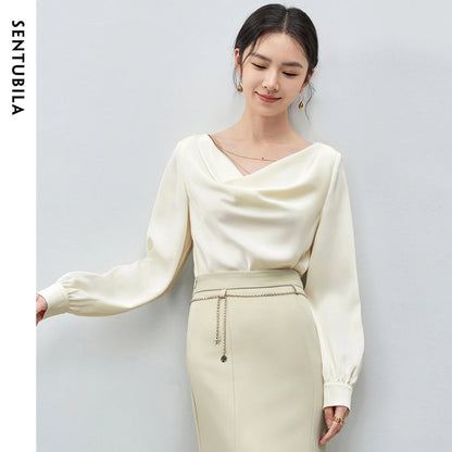 Elegant Swing Collar Satin Blouse with Chain Detail