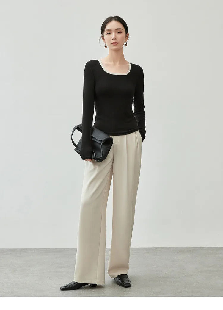 Patchwork Square Neck Long Sleeve Knit Top